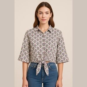 Zara Pineapple Jade Green Purple Satin Pajama Style Cropped Top front tie shirt